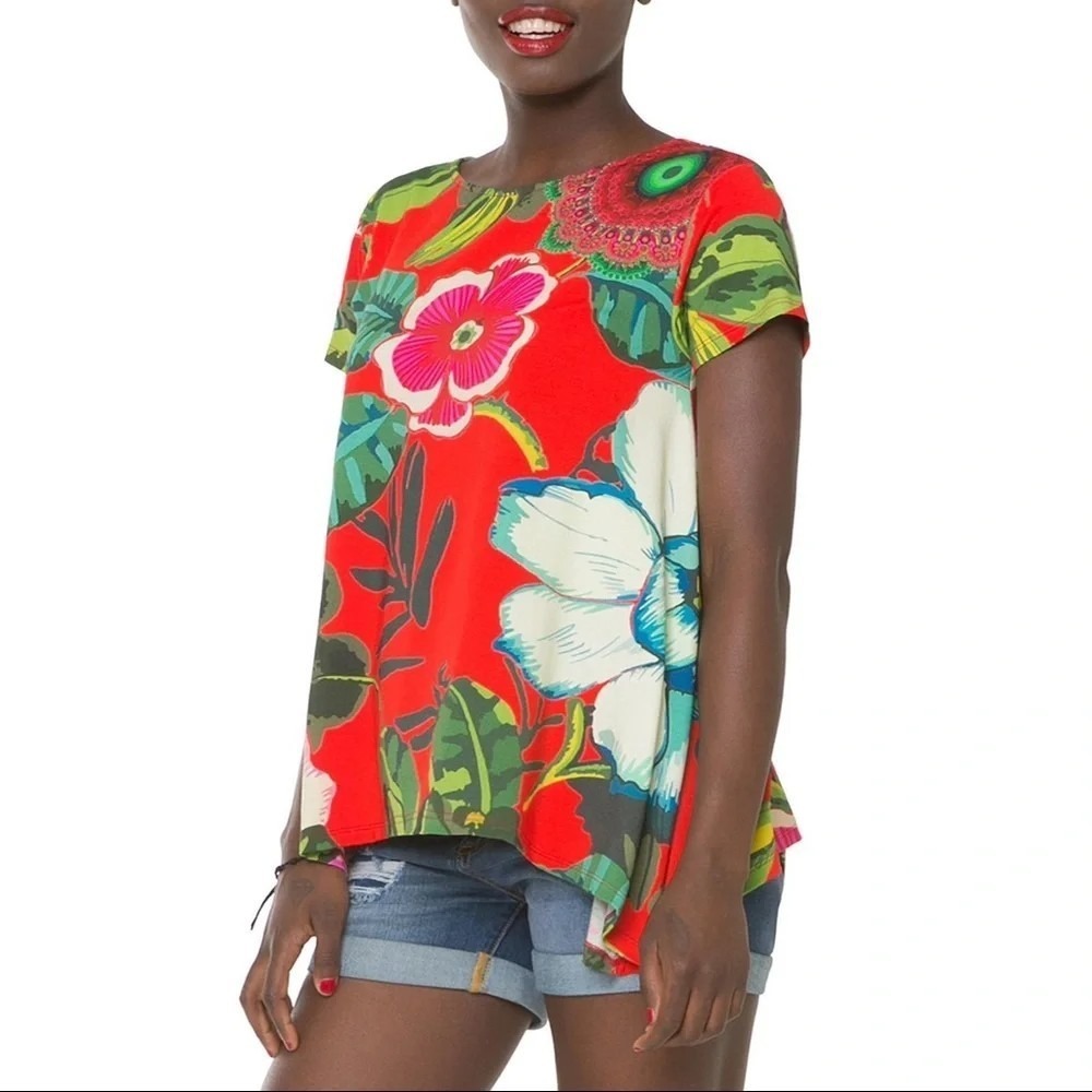 Desigual Red Floral Blouse Top Tunic Trapeze Sidetail Boho Artsy Colorful S B3 - Picture 2 of 12
